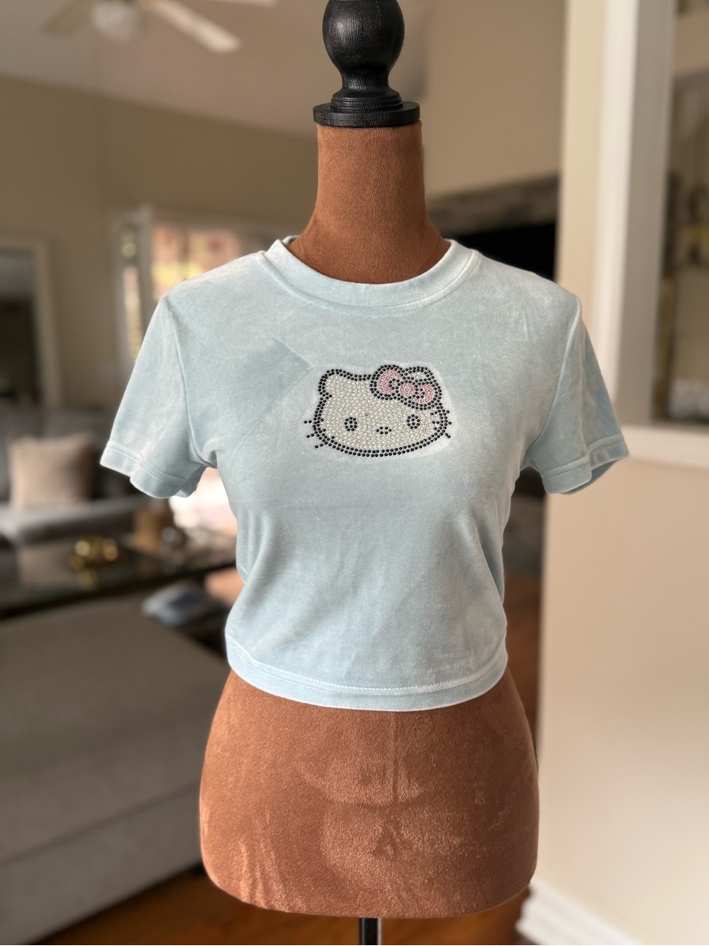 Hello Kitty Light Blue Velour Crop Baby Tee